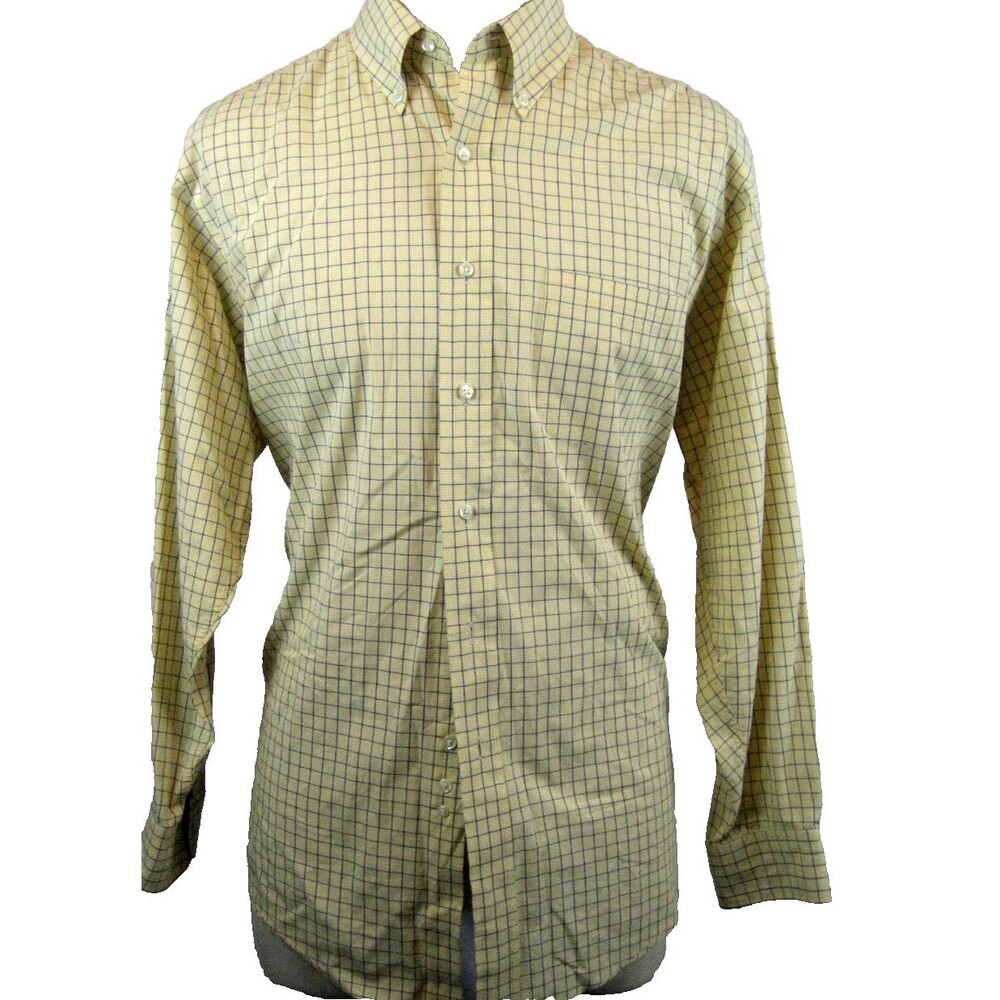 Men's Brooks 346 Cotton LS Yellow Check  Buttondown Dress Shirt size 16.5-32/33